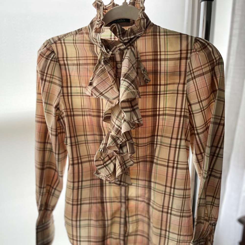Ralph Lauren Plaid Ruffle Blouse s XS